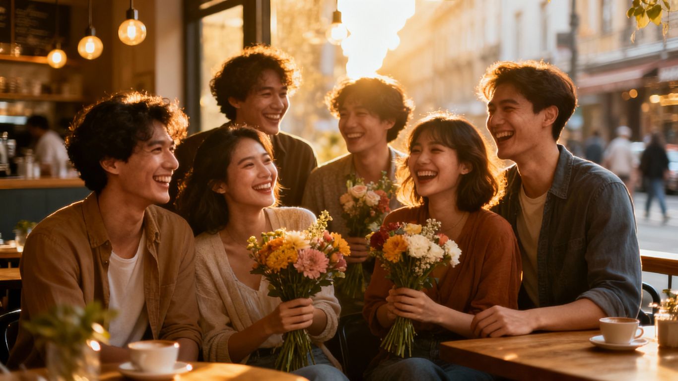 People smiling and connecting in romantic settings.
